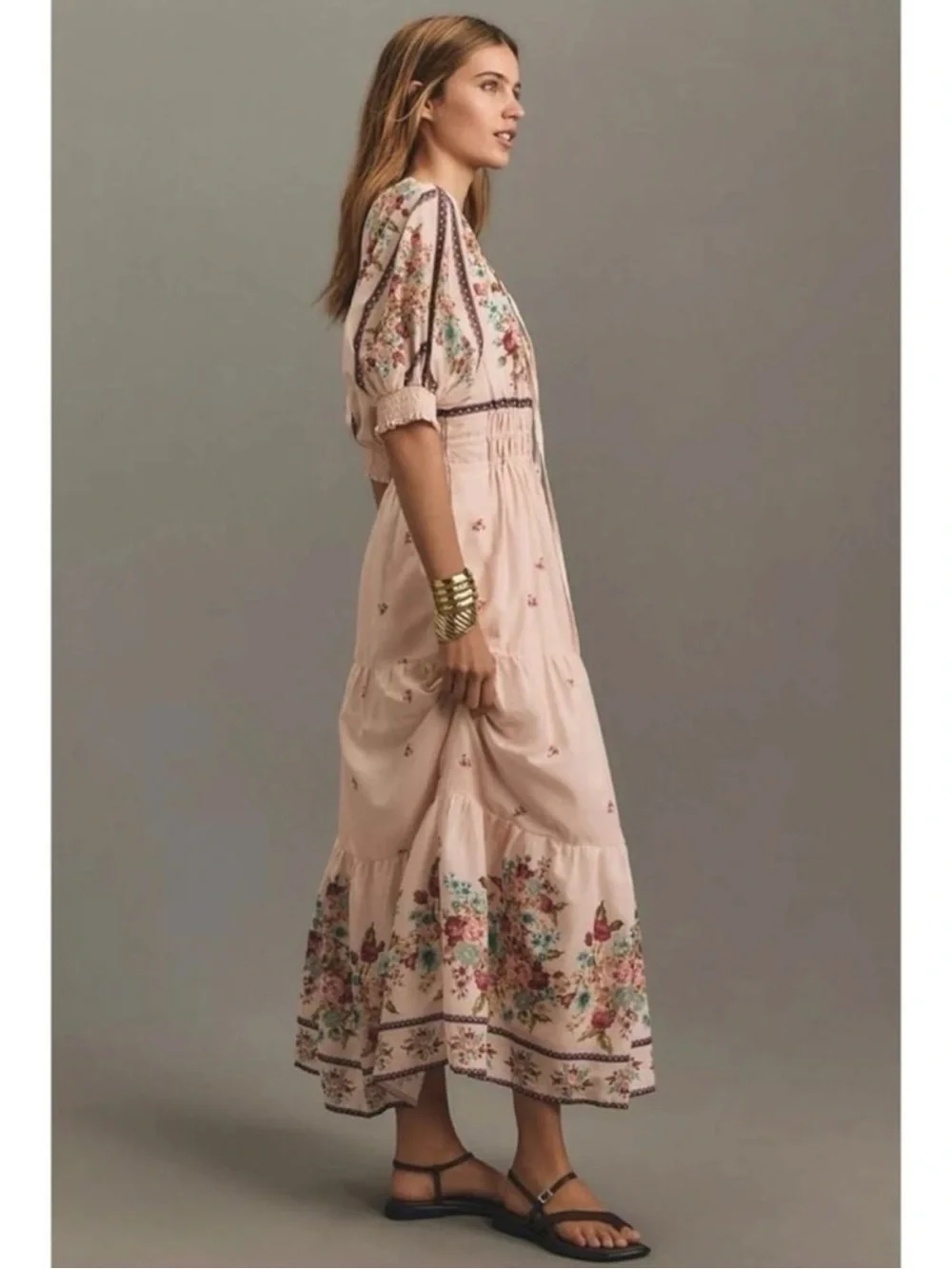 Anthropologie The Somerset Puff Sleeve Maxi Dress Cream Floral Cottage Small - Picture 5 of 13